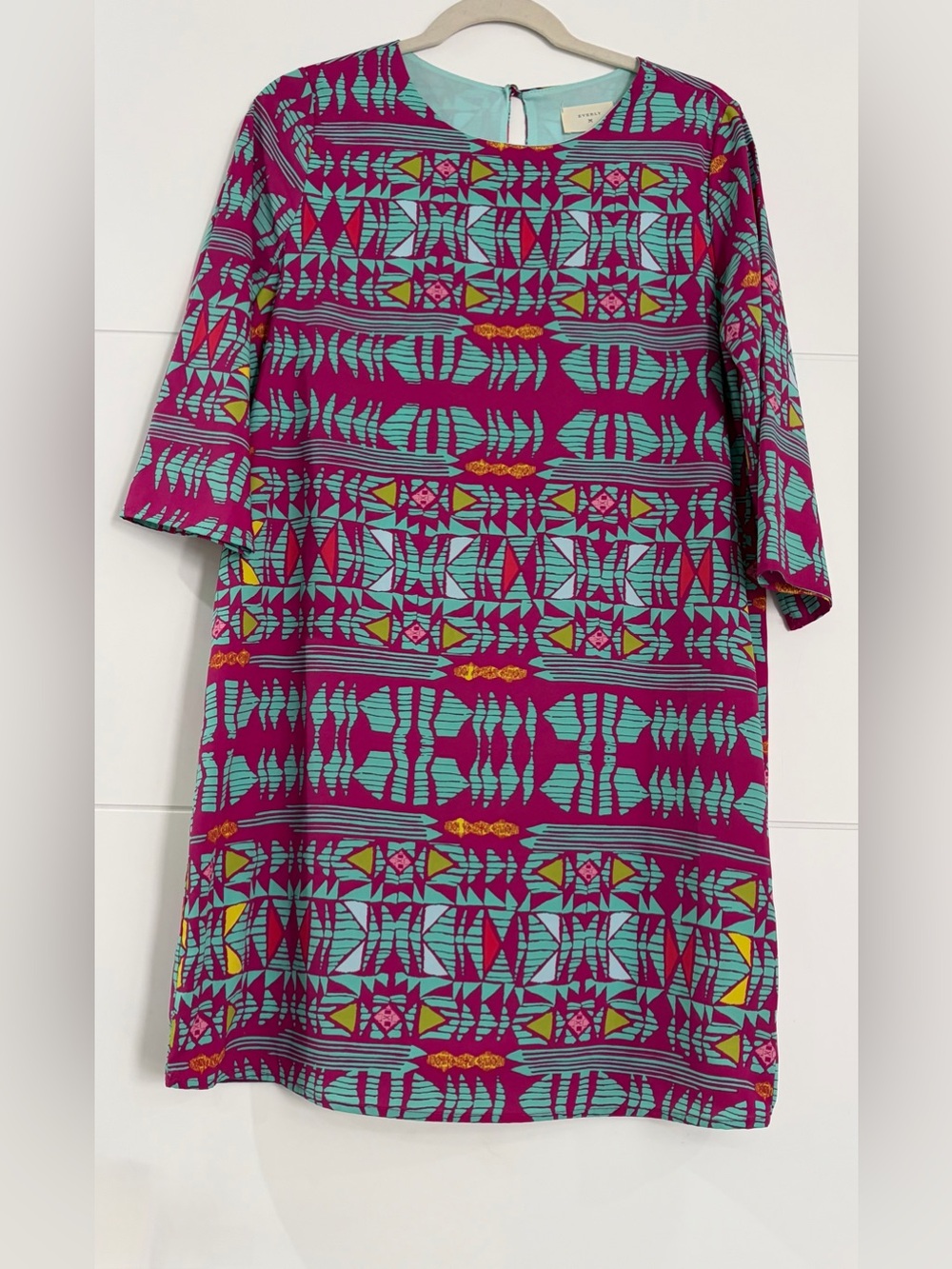 Everly Midi Shift Dress, Women's Large Fuchsia /Teal Pattern Dress, 3/4 Sleeves